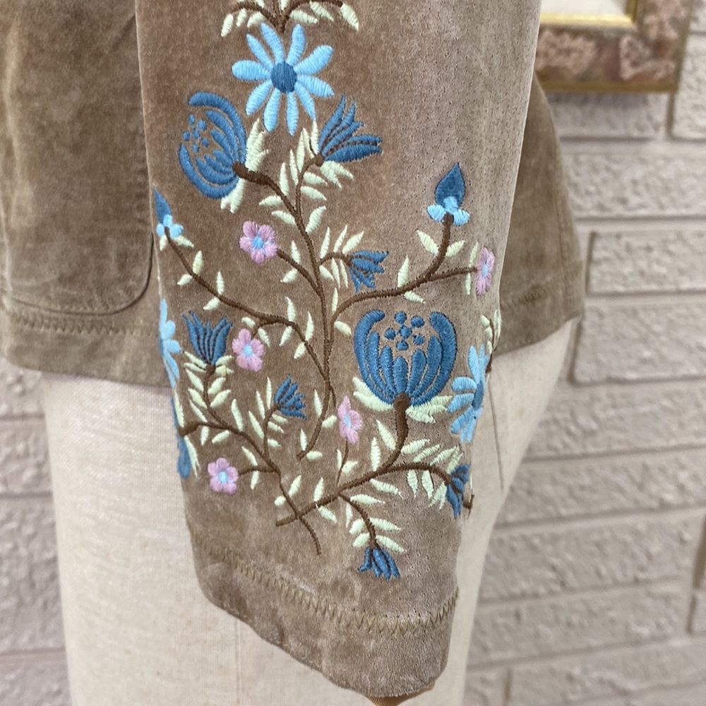 J. Jill Embroidered Sleeves Suede Leather Jacket - Picture 8 of 12